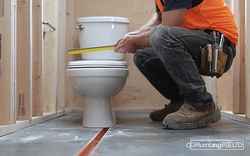 A person measuring the toilet bowl