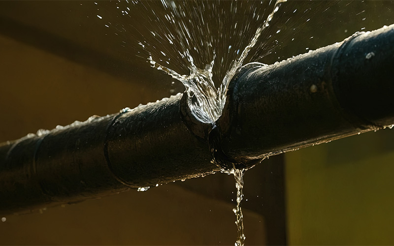 Close-up of water spraying from a burst plumbing pipe.