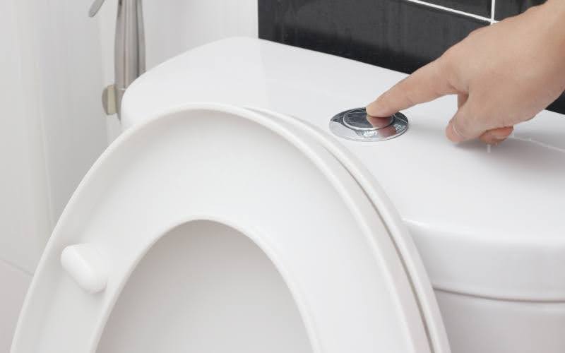 Hand pressing toilet flush button.