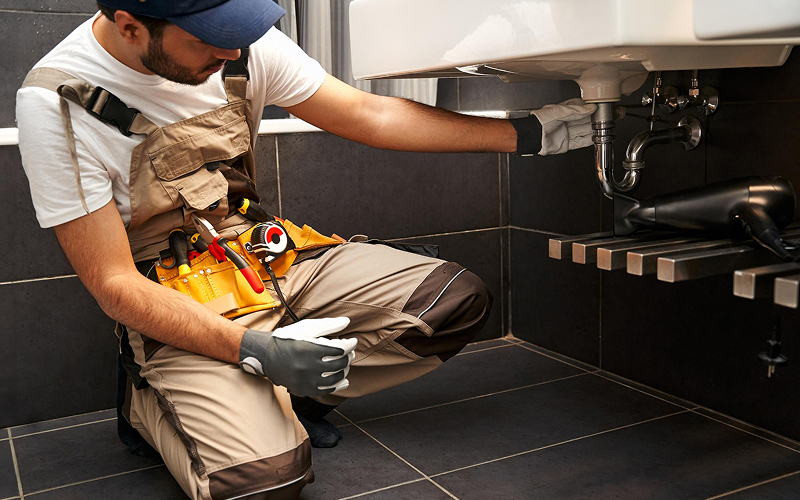 Plumber inspecting bathroom sink pipe to fix an airlock.
