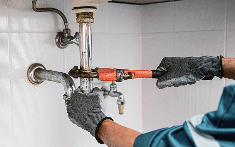 Technician using a wrench to repair plumbing system pipe.