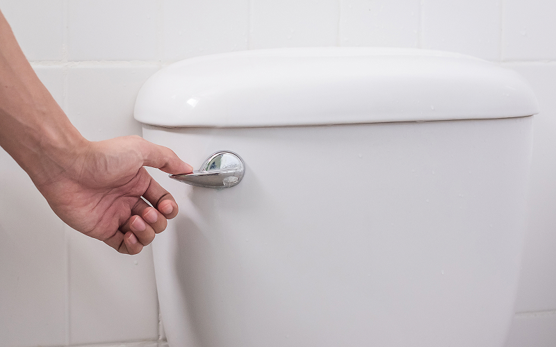 Hand touching a loose toilet bowl handle needing repair.