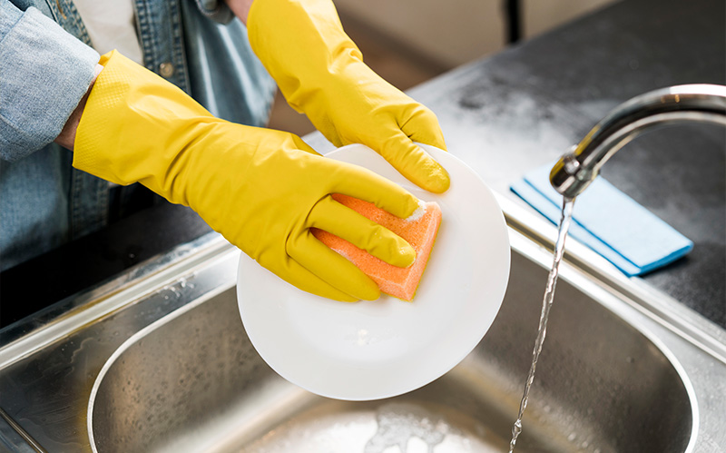 Person washing a plate manually by hand.