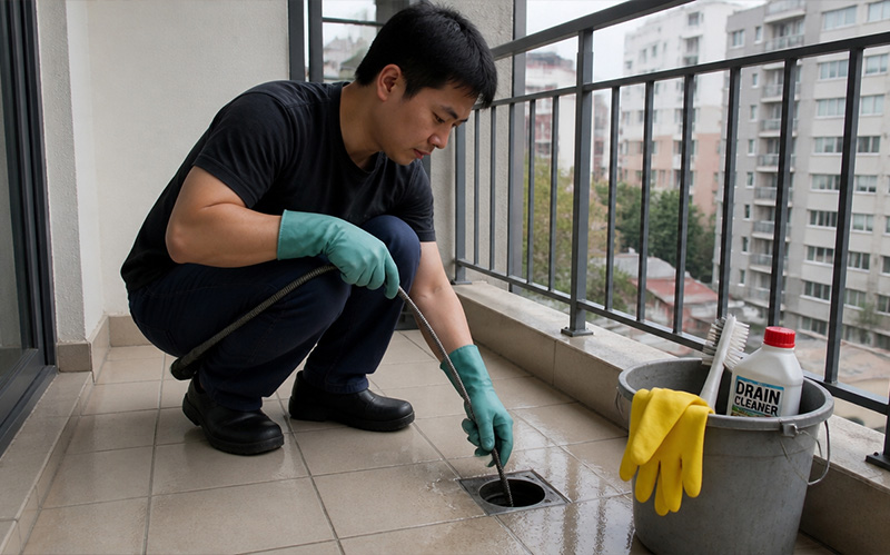 Plumber clearing a blocked balcony floor drain using snake tool.