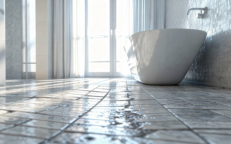 Water pooling on an uneven bathroom floor from a leak.